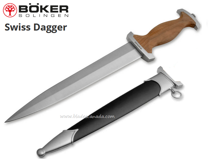 Boker Germany Swiss Dagger Fixed Blade Knife, C75 Steel, Cherry Wood, Metal Sheath, 121553